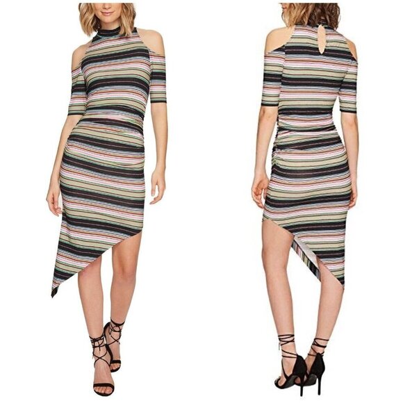 Artelier Nicole Miller Sz S Striped Mock Neck Cold Shoulder Asymmetrical Dress - Picture 1 of 11